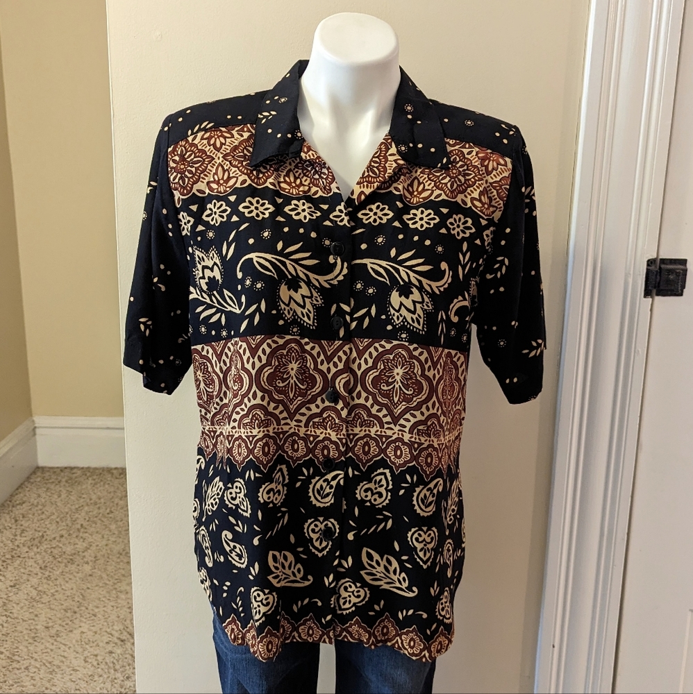 Vintage Caliche black, tan and brown button down top size L
